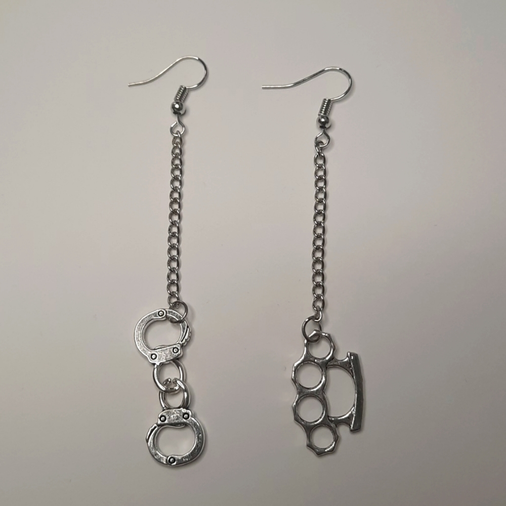 Edgy Long Chain Brass knuckles and Handcuffs Earrings